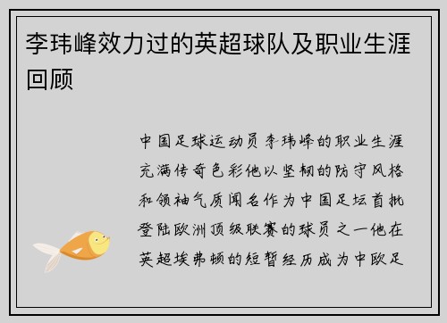 李玮峰效力过的英超球队及职业生涯回顾