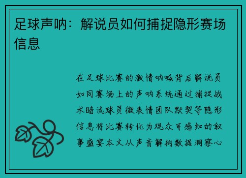 足球声呐：解说员如何捕捉隐形赛场信息