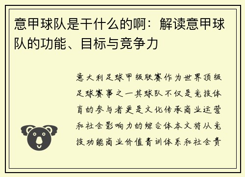意甲球队是干什么的啊：解读意甲球队的功能、目标与竞争力